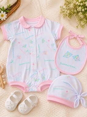HAPPY KIDS Summer Beach Outfit 3 Pc Bubble Romper Bib Hat Baby Girl 6-9 Months